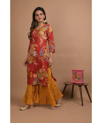 KAAJH Red Printed Cotton Kurta Sharara Set 3