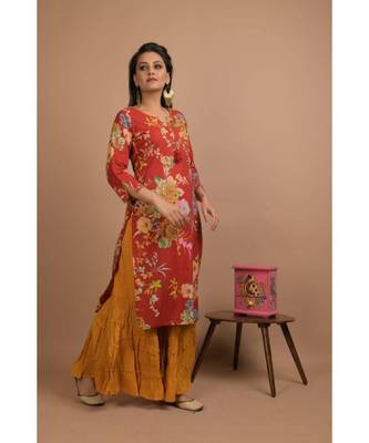 KAAJH Red Printed Cotton Kurta Sharara Set 4
