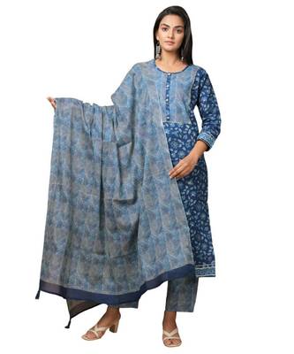 Blue printed cotton   Top and    Bottom    Dupatta 1