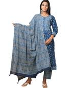 Blue printed cotton   Top and    Bottom    Dupatta