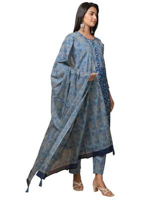 Blue printed cotton   Top and    Bottom    Dupatta 3