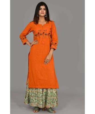 Orange Embroidered Cotton Stitched Kurta Sharara Set 1