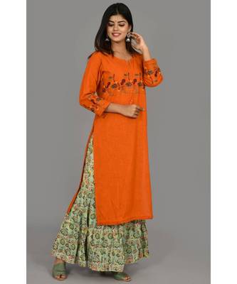 Orange Embroidered Cotton Stitched Kurta Sharara Set 3