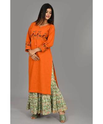 Orange Embroidered Cotton Stitched Kurta Sharara Set 4