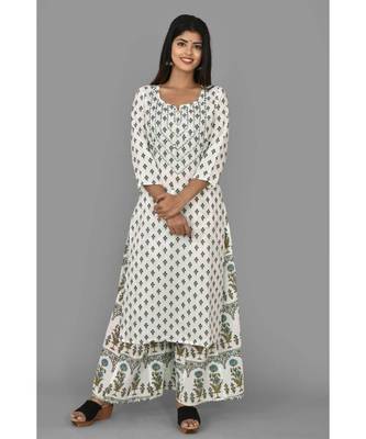 KAAJH White Printed Cotton Kurta Sharara Set 1
