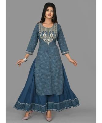 KAAJH Blue Printed Cotton Kurta Sharara Set 1