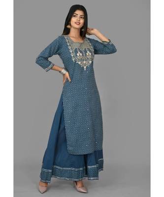 KAAJH Blue Printed Cotton Kurta Sharara Set 3