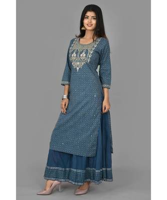 KAAJH Blue Printed Cotton Kurta Sharara Set 4