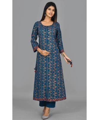 KAAJH Blue Gold Printed Cotton Kurta Pant Set 1