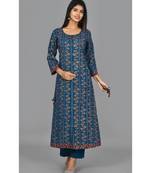 KAAJH Blue Gold Printed Cotton Kurta Pant Set