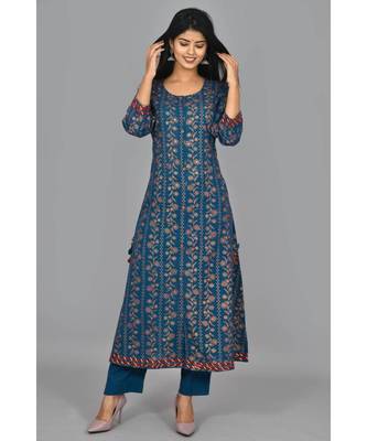 KAAJH Blue Gold Printed Cotton Kurta Pant Set 2