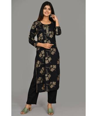 KAAJH Black Printed Cotton Kurta Pant Set 1