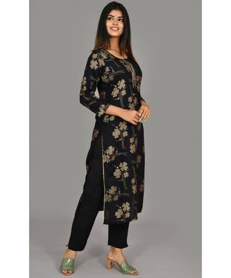 KAAJH Black Printed Cotton Kurta Pant Set 3