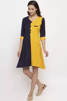 Yellow printed cotton short-dresses