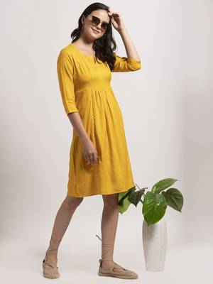Yellow plain cotton short-dresses 3