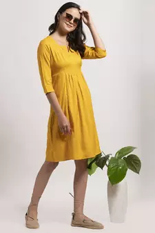Yellow plain cotton short-dresses