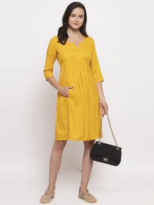 Yellow plain cotton short-dresses 1