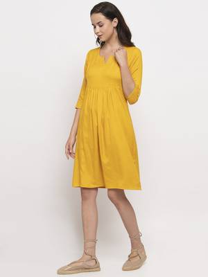 Yellow plain cotton short-dresses 4