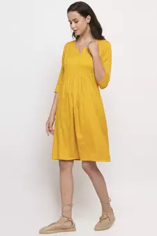 Yellow plain cotton short-dresses
