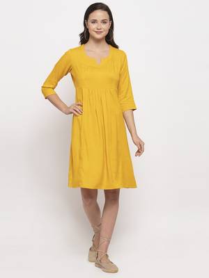 Yellow plain cotton short-dresses 5