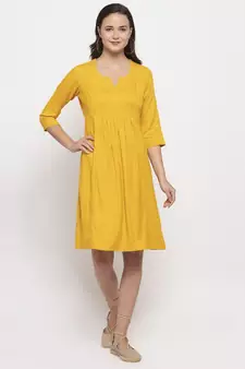 Yellow plain cotton short-dresses