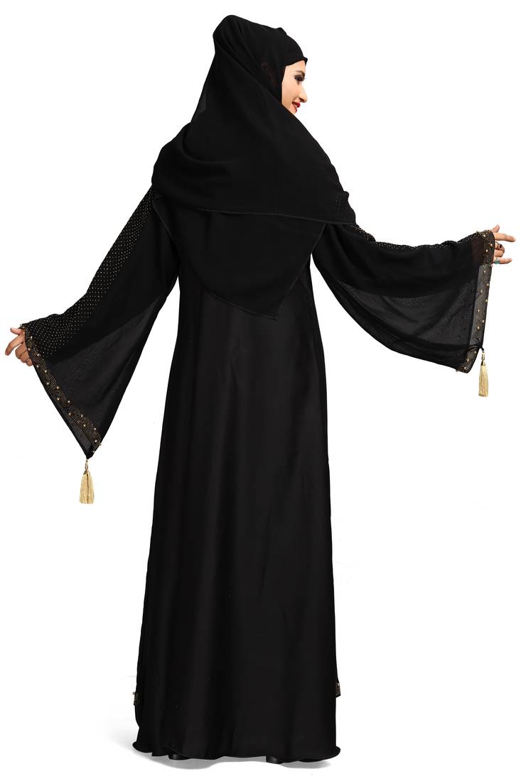 Khadija fashion, Latest golden folwer bunch attached koty(georgette) burqa for women crystal lycra fabric with dupatta