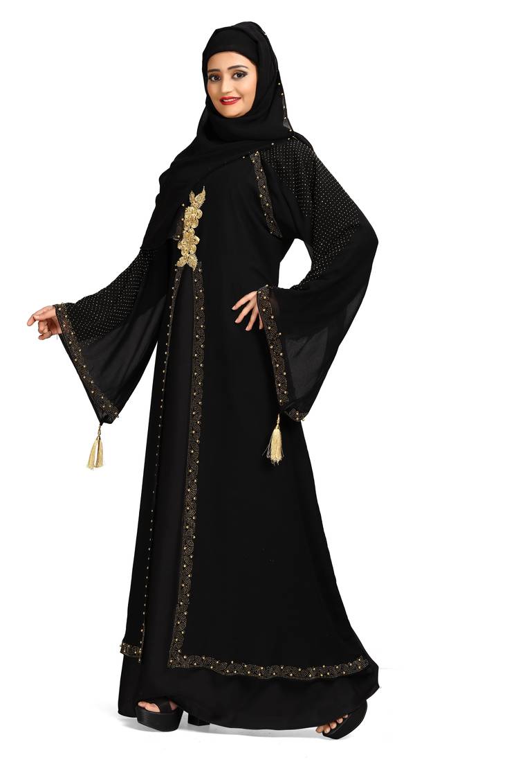 Khadija fashion, Latest golden folwer bunch attached koty(georgette) burqa for women crystal lycra fabric with dupatta