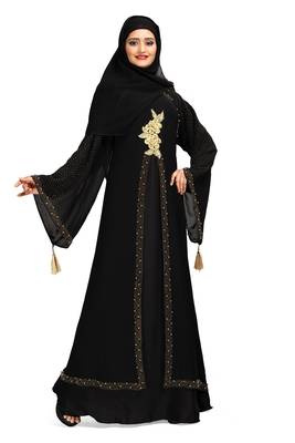 Khadija fashion, Latest golden folwer bunch attached koty(georgette) burqa for women crystal lycra fabric with dupatta 4