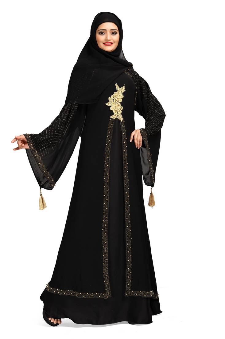 Khadija fashion, Latest golden folwer bunch attached koty(georgette) burqa for women crystal lycra fabric with dupatta