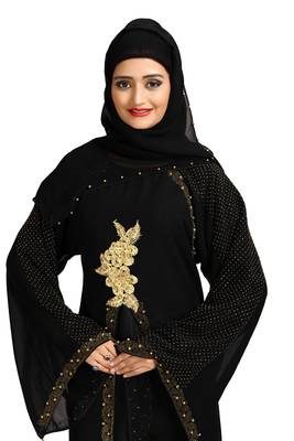 Khadija fashion, Latest golden folwer bunch attached koty(georgette) burqa for women crystal lycra fabric with dupatta 5