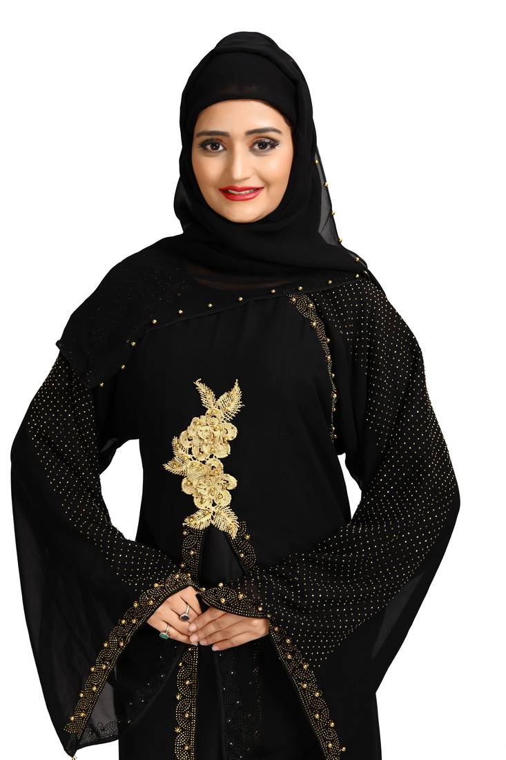 Khadija fashion, Latest golden folwer bunch attached koty(georgette) burqa for women crystal lycra fabric with dupatta