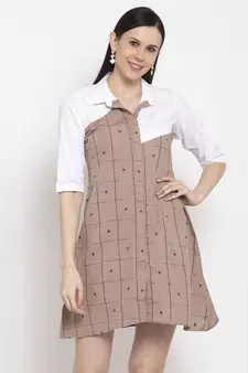 Brown printed cotton short-dresses