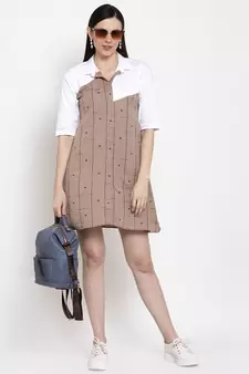 Brown printed cotton short-dresses