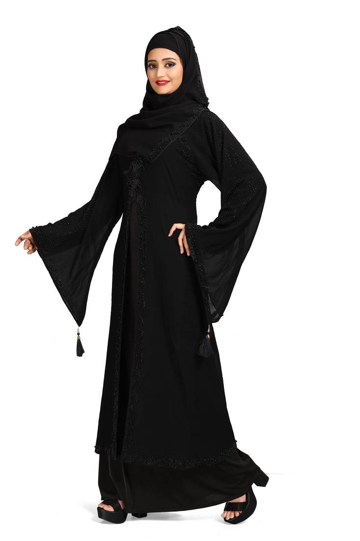 Khadija Fashion, Latest Black Flower Bunch Attached Coti (Georgette) Burka For Women Imported Nida Fabric With Dupatta