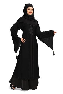 Khadija Fashion, Latest Black Flower Bunch Attached Coti (Georgette) Burka For Women Imported Nida Fabric With Dupatta 4