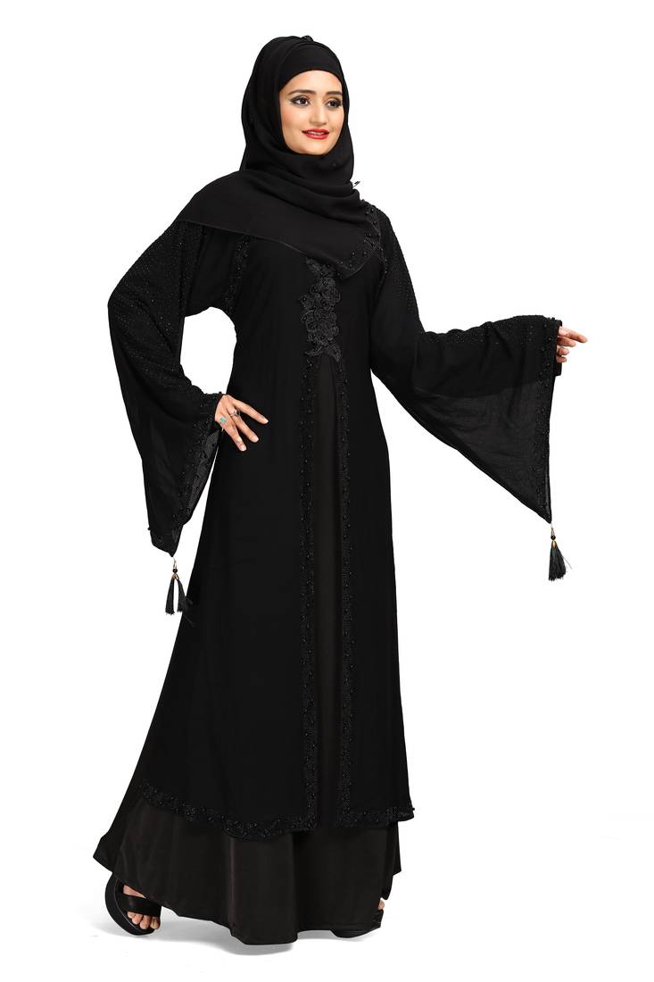 Khadija Fashion, Latest Black Flower Bunch Attached Coti (Georgette) Burka For Women Imported Nida Fabric With Dupatta