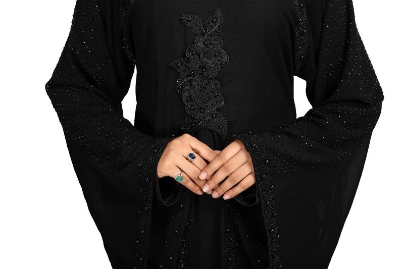 Khadija Fashion, Latest Black Flower Bunch Attached Coti (Georgette) Burka For Women Imported Nida Fabric With Dupatta