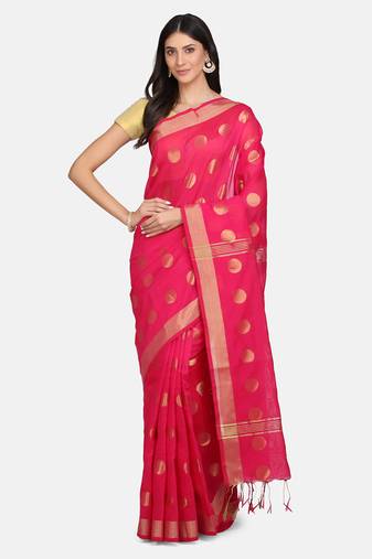 Pink woven silk cotton saree with blouse