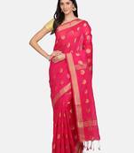Pink woven silk cotton saree with blouse