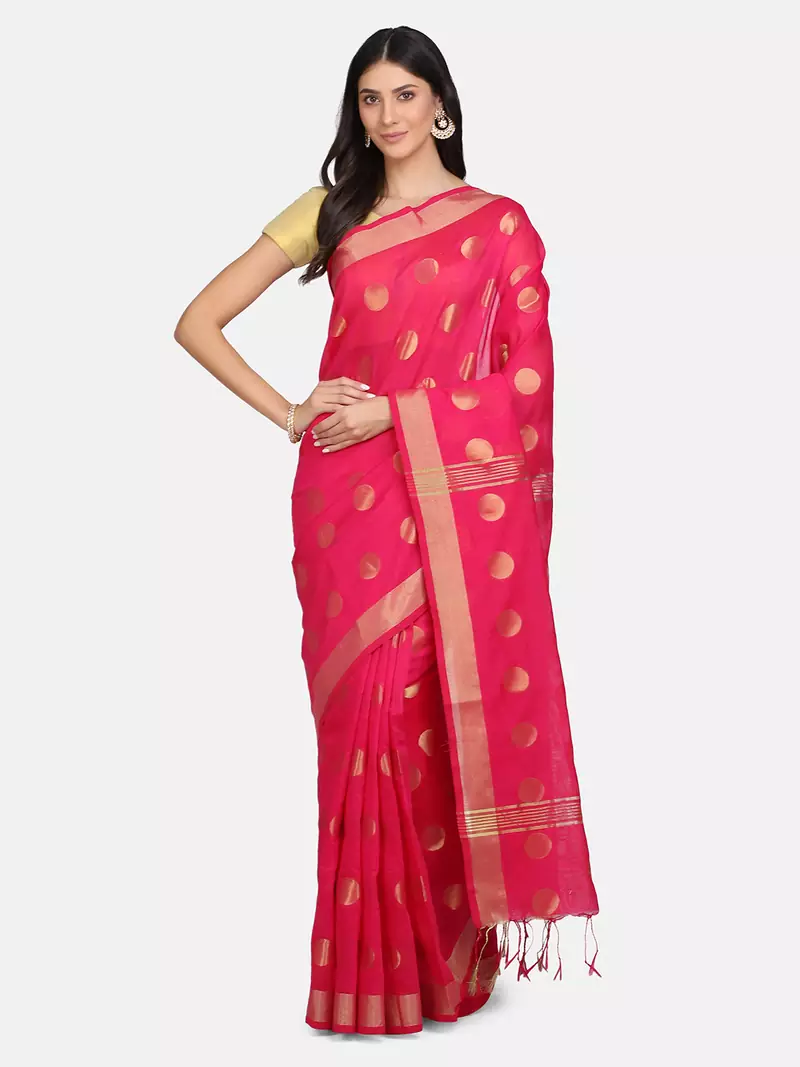 Pink woven silk cotton saree with blouse