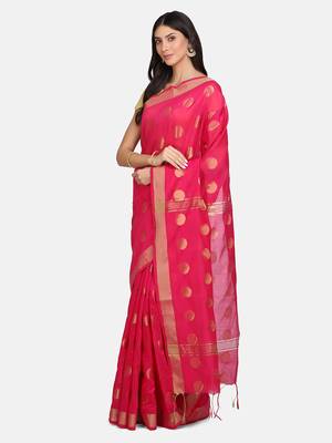 Pink woven silk cotton saree with blouse 2