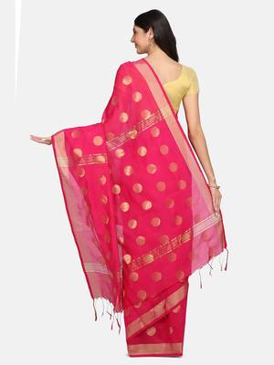Pink woven silk cotton saree with blouse 3