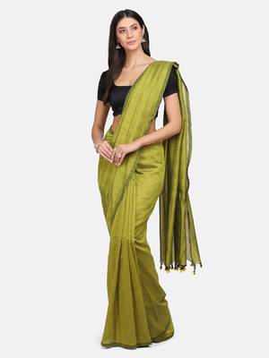 Yellow woven pure linen saree with blouse 1