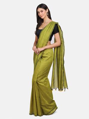 Yellow woven pure linen saree with blouse 2