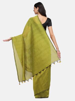 Yellow woven pure linen saree with blouse 3