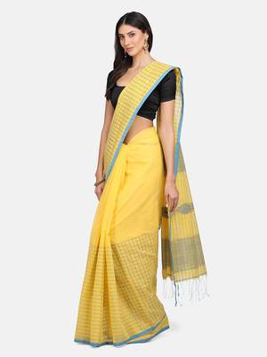 Yellow woven silk cotton saree with blouse 2