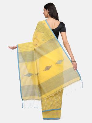 Yellow woven silk cotton saree with blouse 3
