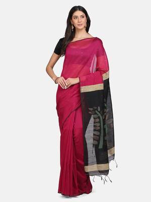 Pink woven silk cotton saree with blouse 1