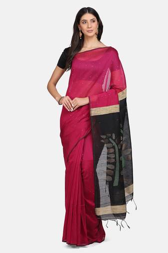 Pink woven silk cotton saree with blouse