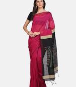 Pink woven silk cotton saree with blouse
